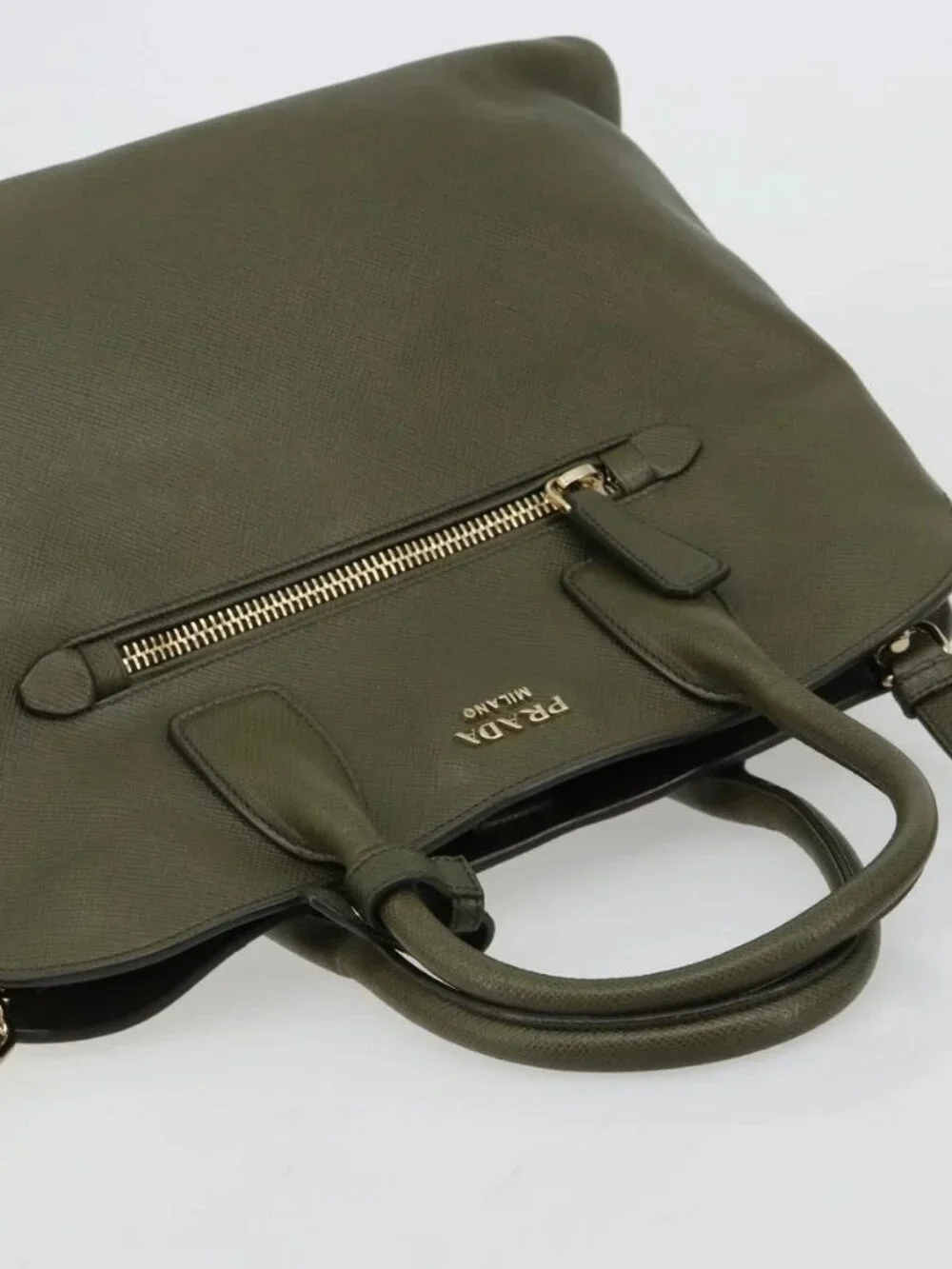 PRADA Cuir Open Promenade Satchel Bag Saffiano 2way Khaki Gold Auth